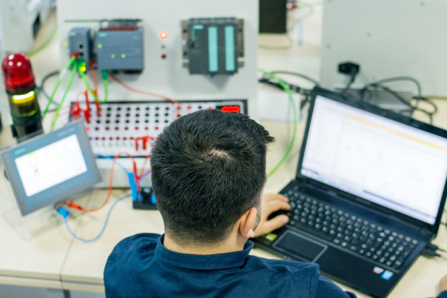 Bilecik, TURKEY - February 15 2019: Operator or Student is taking PLC and SCADA course for Industry 4.0 preparation in a automation education center.