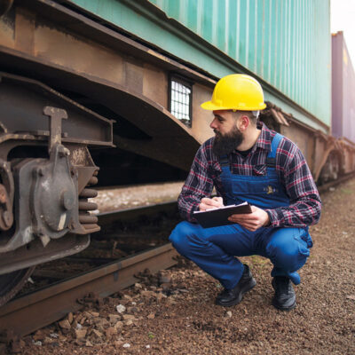 Railroad,Worker,Checking,Up,Wheels,And,Braking,System,Of,Freight Railroad worker checking up wheels and braking system of freight train. Safety inspector or maintenance engineer checking rail tracks at station.